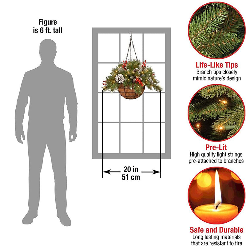 Artificial Christmas Hanging Basket Flocked with Mixed Decorations and LED Lights Hanging Ornament Xmas Home Decor In Stock