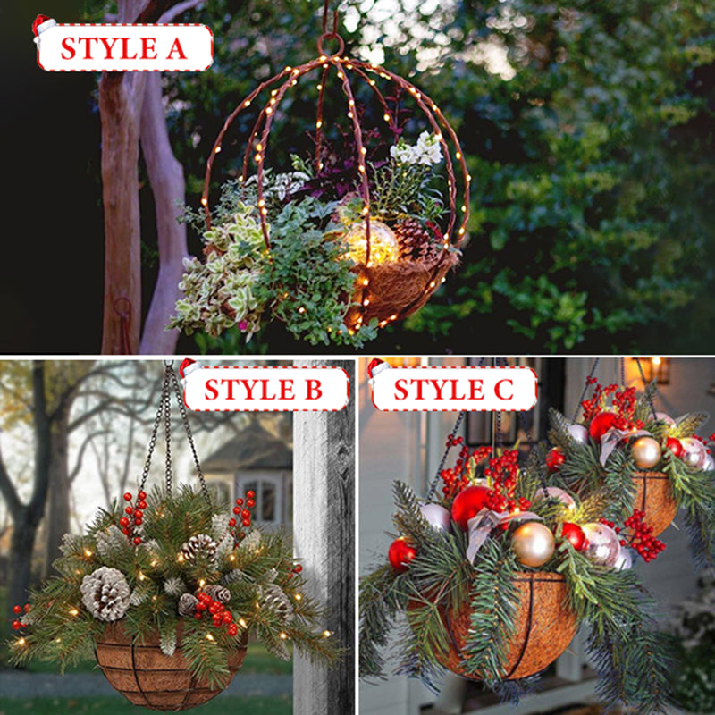 Artificial Christmas Hanging Basket Flocked with Mixed Decorations and LED Lights Hanging Ornament Xmas Home Decor In Stock