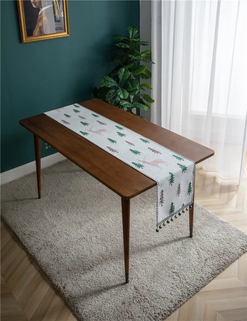 Christmas Tree Table Runner, Winter Holiday Christmas Elk, Dining Cloth Placemat New Year Home Kitchen Rustic Decorations