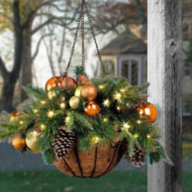 Artificial Christmas Hanging Basket Flocked with Mixed Decorations and LED Lights Hanging Ornament Xmas Home Decor In Stock