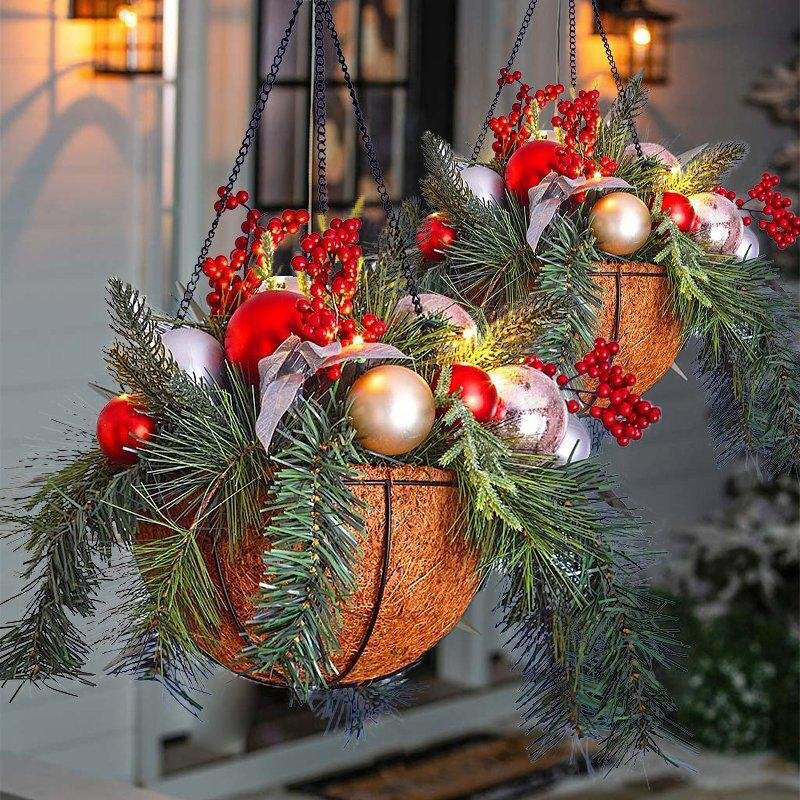 Artificial Christmas Hanging Basket Flocked with Mixed Decorations and LED Lights Hanging Ornament Xmas Home Decor In Stock