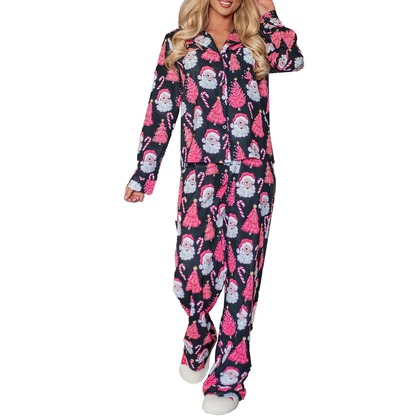 Womens Christmas 2Piece Pajamas Loungewear Set Santa/Tree/House Print Long Sleeve Tops+Elastic Pants Homewear Outfits