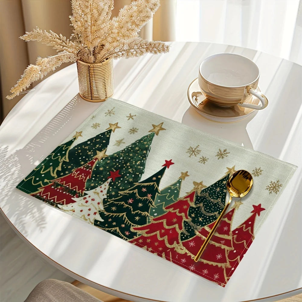 Christmas Xmas Tree Snowflake Linen Placemats Set Table Decor Winter Holiday Kitchen Dining Place Mats Christmas Decorations