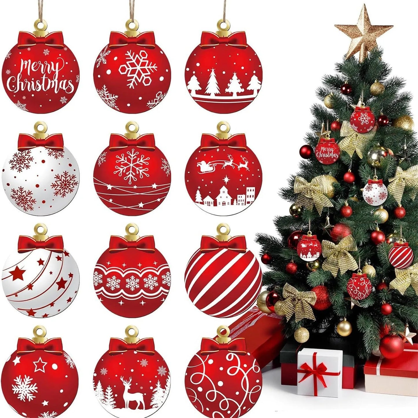 12pcs New Flat Christmas Tree Ornaments Set Wood 2026 Christmas Tree Hanging Ornaments Kits Home Decor 2D Wooden Ornaments