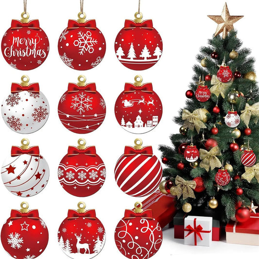 12pcs New Flat Christmas Tree Ornaments Set Wood 2026 Christmas Tree Hanging Ornaments Kits Home Decor 2D Wooden Ornaments