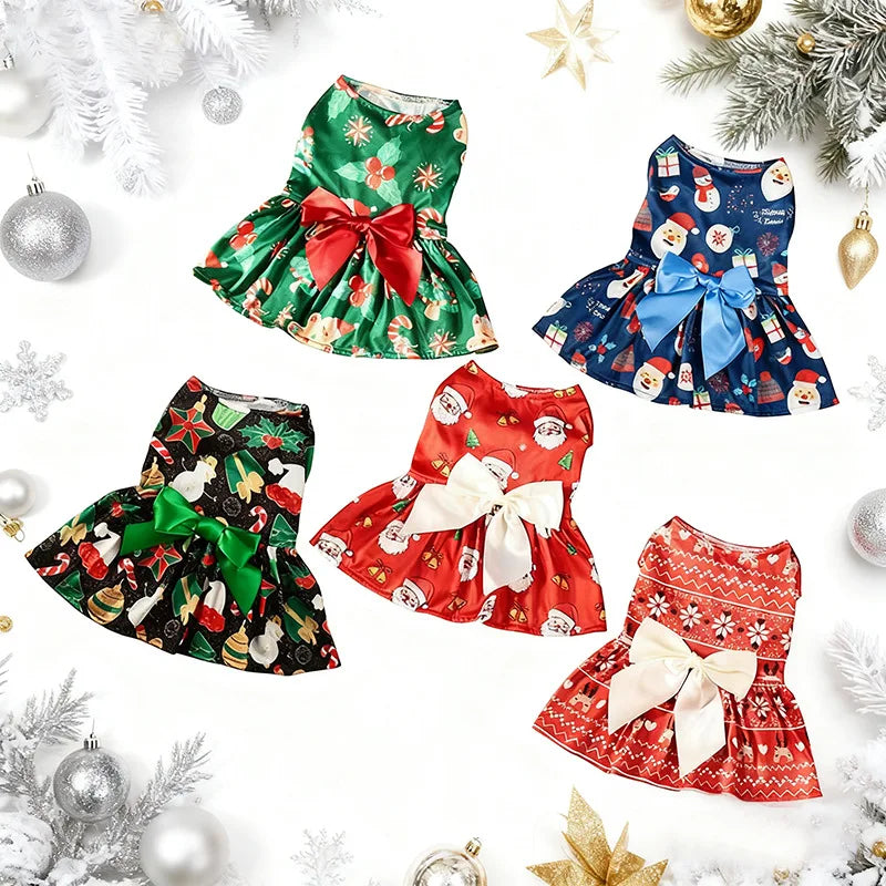 Christmas Dog Dress with Bow, Festive Printed Pet Skirt, Lightweight Holiday Outfit, Sizes M–6XL for Small to Large Dogs