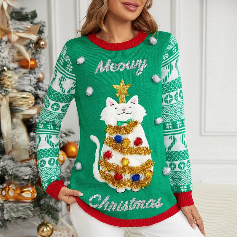 Sweater Women Christmas 2024 Ugly Sweater New Cartoon Cat Print O-Neck Autumn Winter Thick Loose Knitwears Tops Xmas Pullover