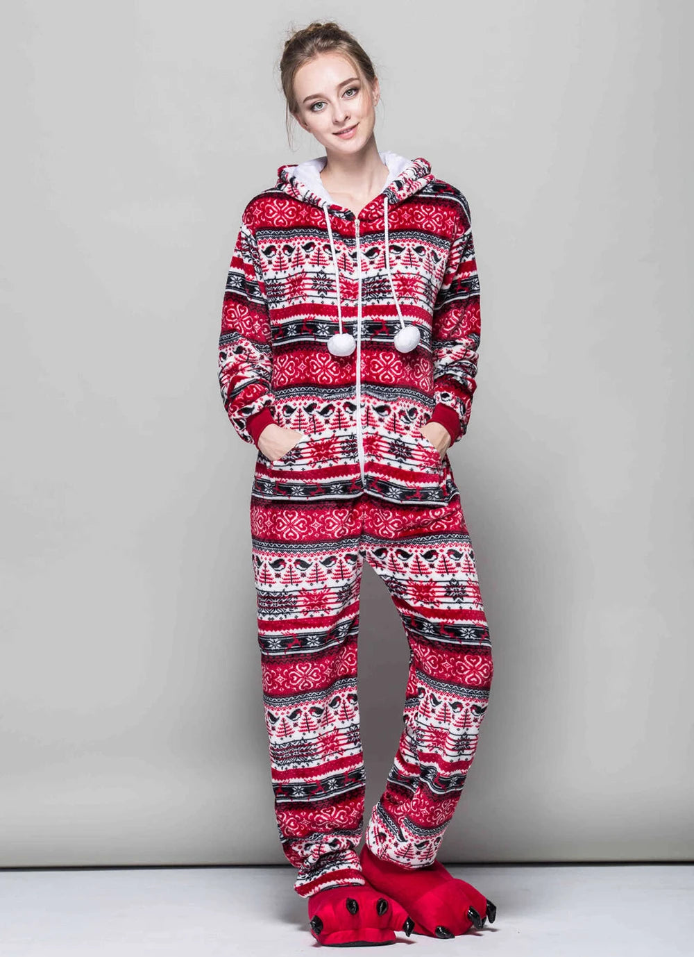 Christmas Adult One-piece Pajamas for Women Zip Up Prints Hooded Onesies Costume Men’s and Women’s Matching Holiday Jumpsuits