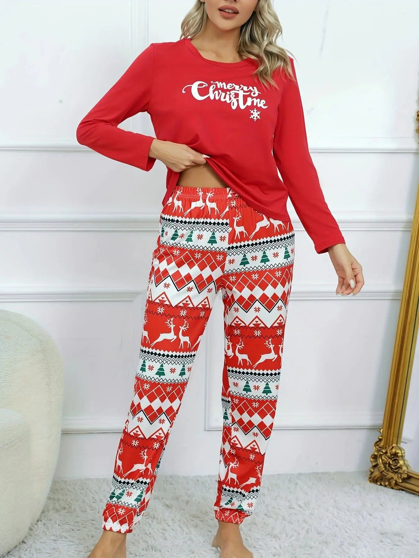 Pijamas Christmas Gift Sleepwear Spring Autumn Female 2PCS Pajamas Set Red Print Elk Long Sleeve Trouser Suits Loose Home Wear