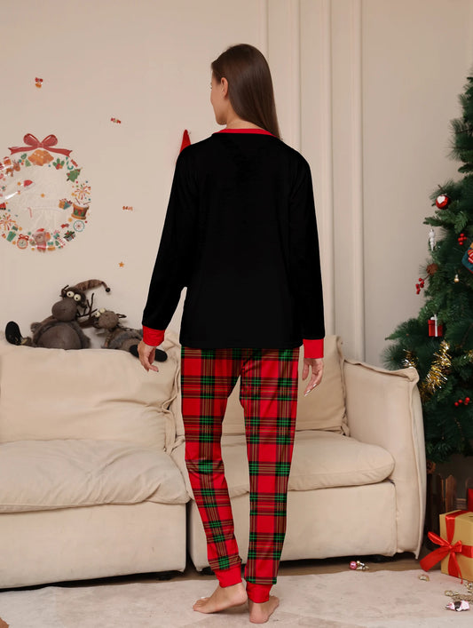 Christmas Couple Pajamas Set: Black Tops with Reindeer, Tree & Gift Print, Red - Green Plaid Pants