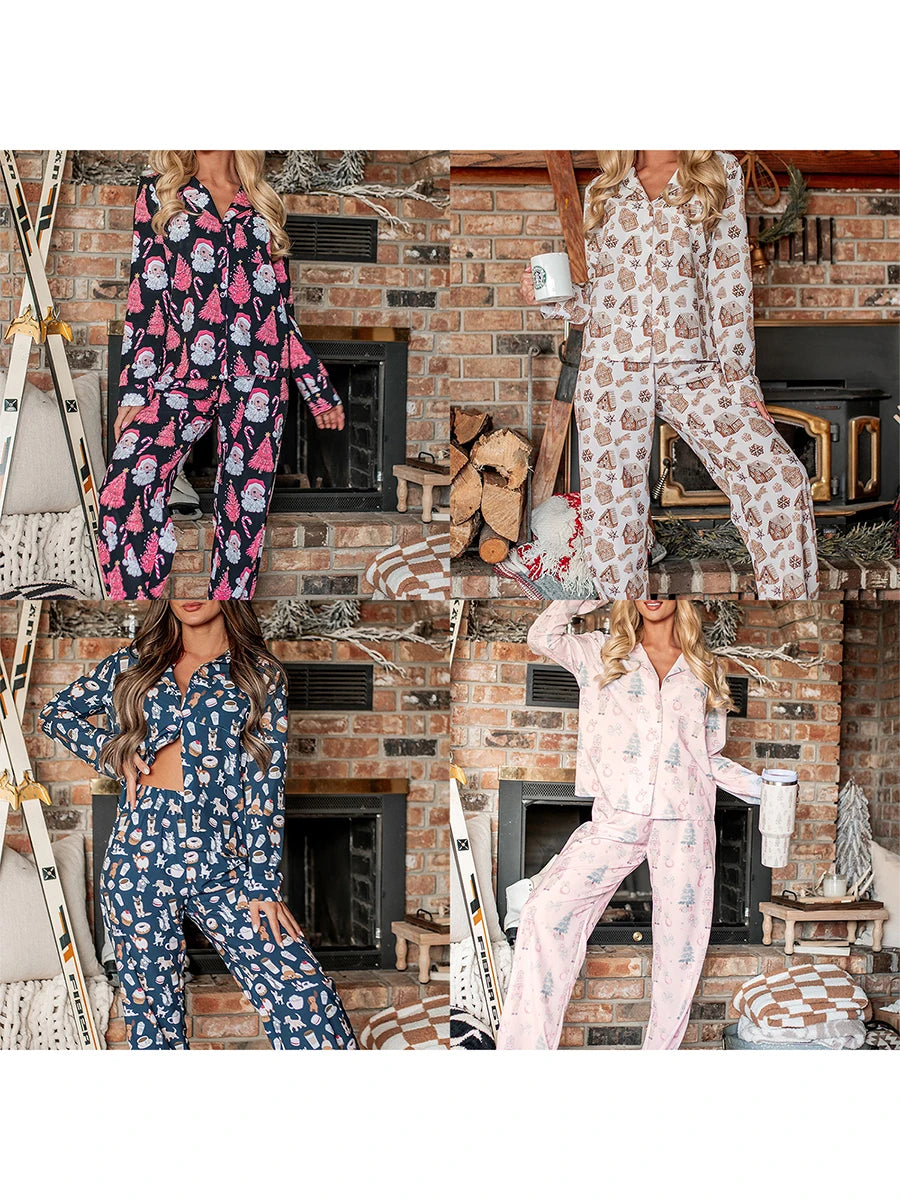 Womens Christmas 2Piece Pajamas Loungewear Set Santa/Tree/House Print Long Sleeve Tops+Elastic Pants Homewear Outfits