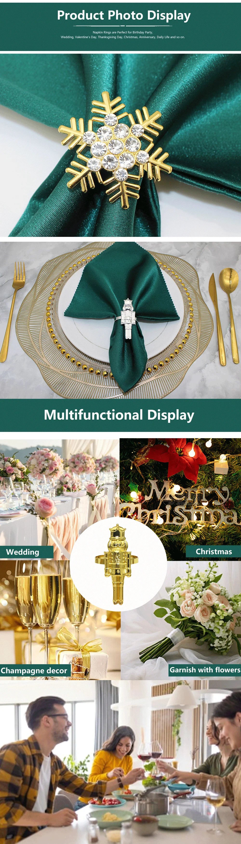 8Pcs Christmas Napkin Rings Set Nutcracker Soldier Elk Xmas Tree Snowflake Napkin Holders for New Year 2025 Party Table Decor