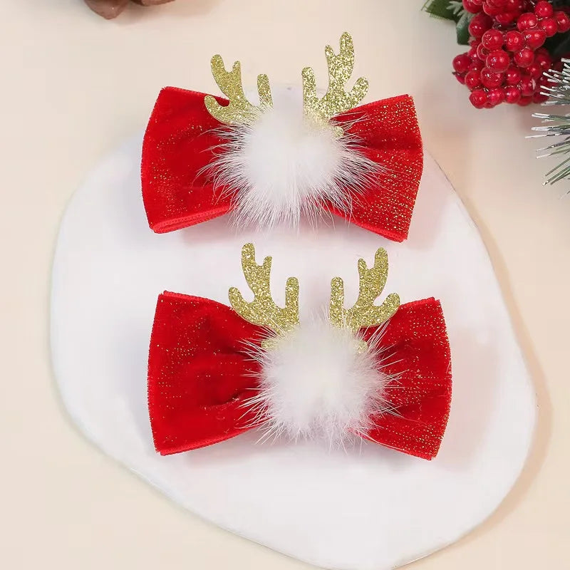 2/6PCS Cute Winter Dog Bows with Metal Clip Antlers Red Velvet Bow Dog Hairpins Handmade Cat Puppy Bow for Christmas Accesso