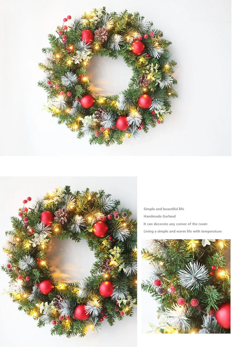 20-60cm Christmas Wreath with LED Fairy Light Door Hanging Garland Pine for Home Decorations Xmas Party Supplies Happy New Year