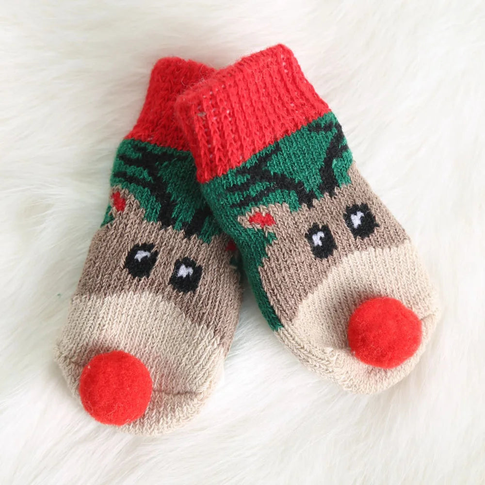 4pcs/set Winter Dog Socks Cute Pattern Foot Covers Warm Anti Slip Shoes Puppy Paw Protector Christmas Gift for Puppy Cat Dogs
