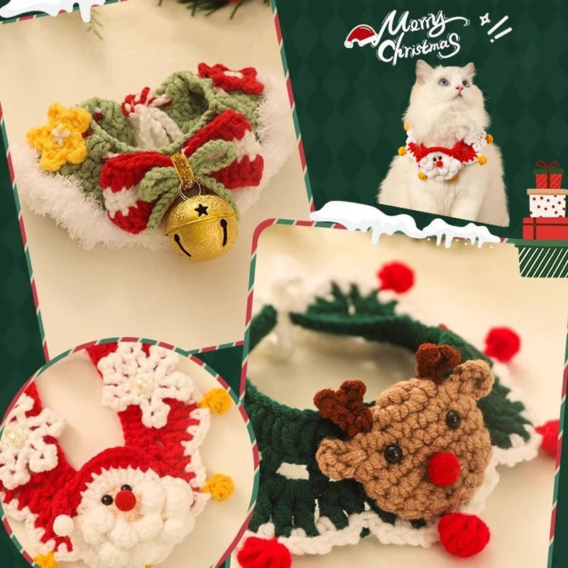 Pet Clothing Costume Christmas Cat Collar Hand-Knitted Pet Scarf Cute Xmas Kitty Santa Costume Clothing Christmas Party Supplies