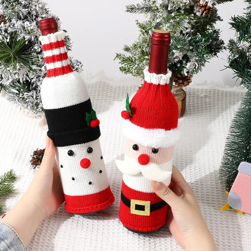 Knitted Christmas Wine Bottle Covers Santa Snowman Design Acrylic Champagne Holder for Holiday Party Table Decorations Gift