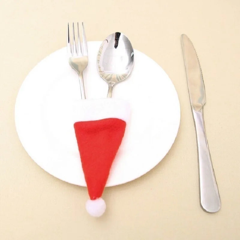 Christmas Decoration Tableware Holder Bag Christmas Hat Fork Knife Cutlery Bag Xmas Home Kitchen Decor Ornament Navidad New Year