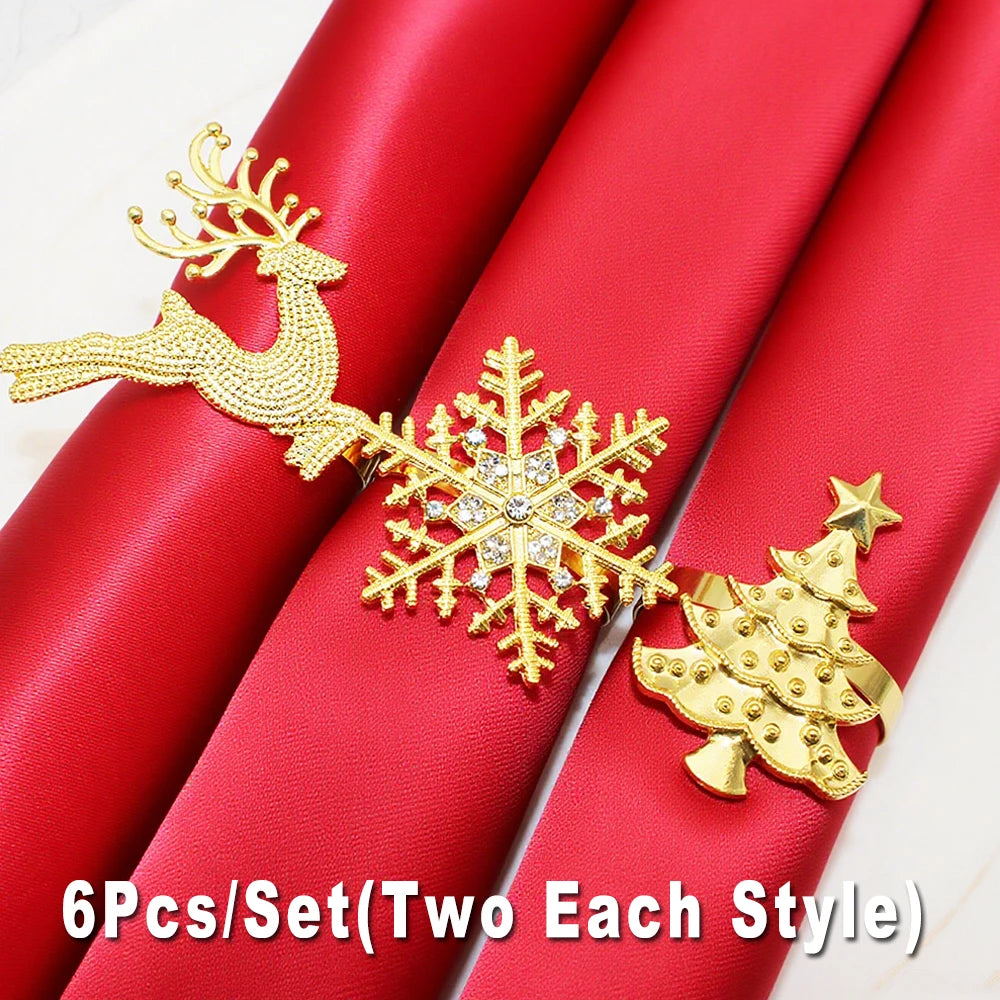 6Pcs Christmas Napkin Rings Gold Metal Snowflake Deer Serviette Buckle Xmas Tree Napkin Holder for Home Christmas Table Decor