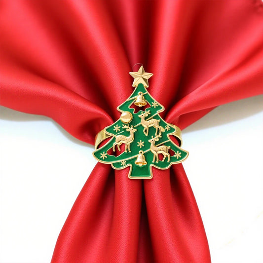 6Pcs Christmas Tree Napkin Rings with Deer Snowflake Bell ,Festive Table Decor for New Year Wedding Family Dinner Party Supplies