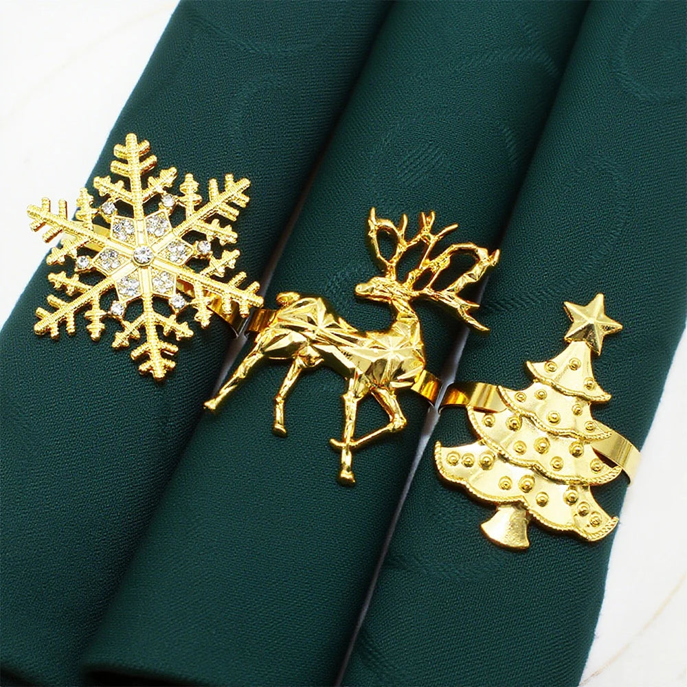 6Pcs Christmas Napkin Rings Gold Metal Snowflake Deer Serviette Buckle Xmas Tree Napkin Holder for Home Christmas Table Decor