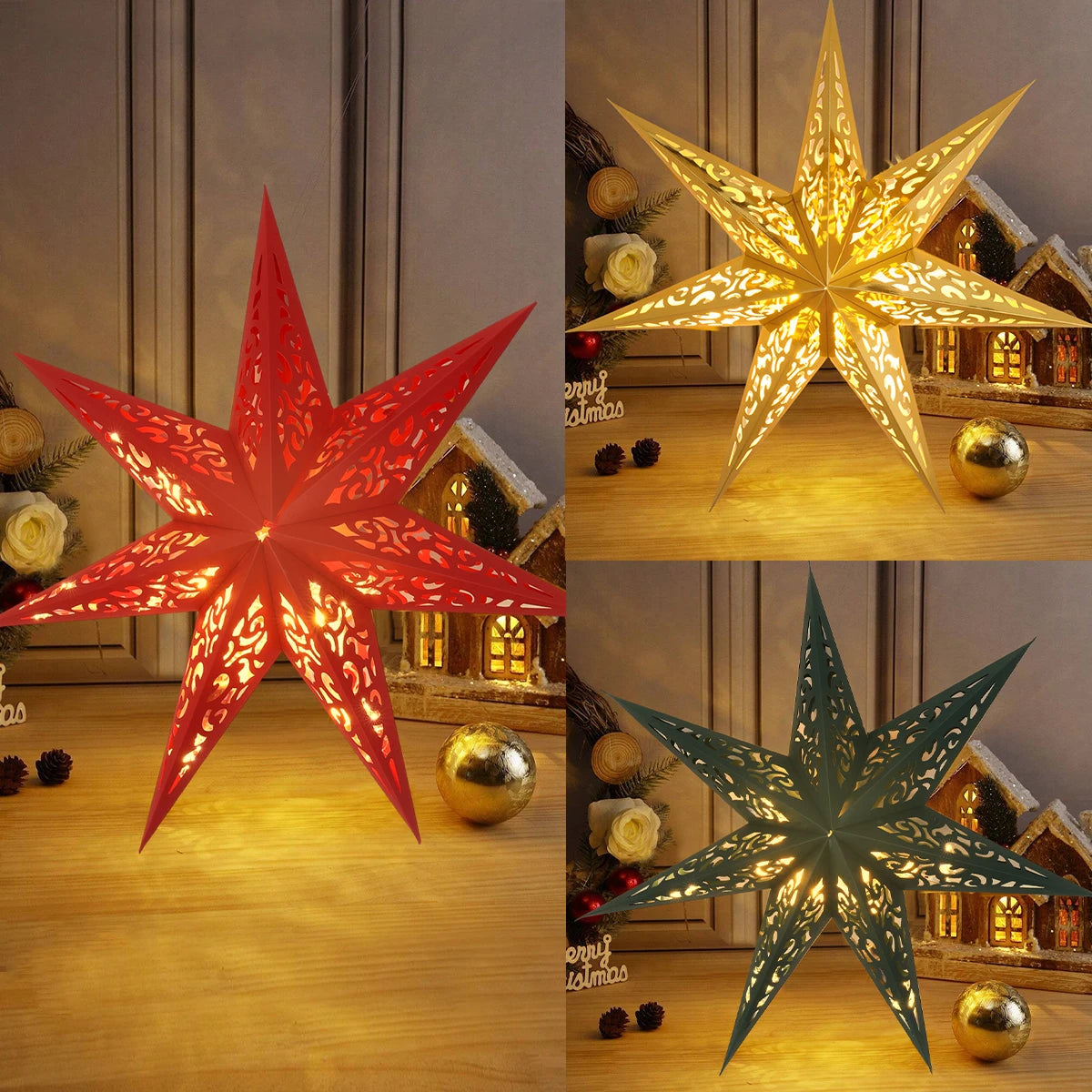Christmas Paper Star Pendant Merry Christmas Decorations for Home 2025 Navidad Xmas Tree Hanging Lampshades Ornament New Year