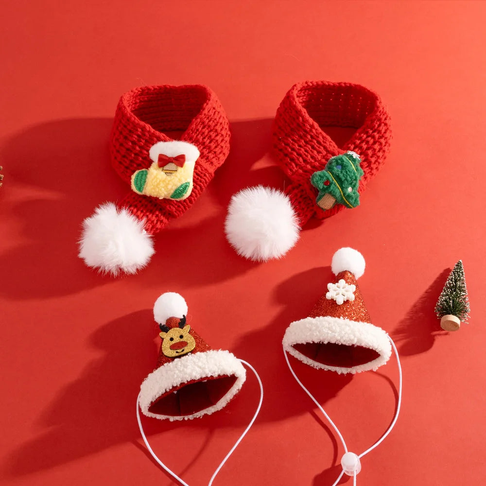 Christmas Cat Hat Cat Knitted Scarf Set Soft Winter Christmas Soft Santa Claus Costume Scarf For Dog Cats Pet Xmas Cat Supplies