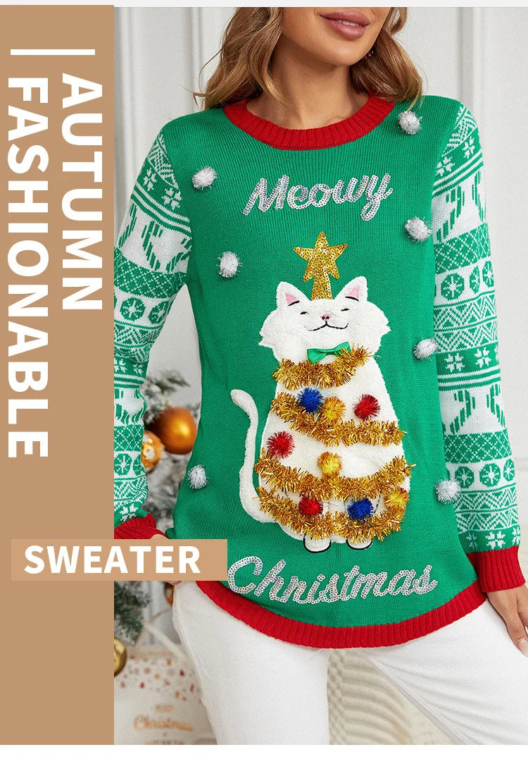 Sweater Women Christmas 2024 Ugly Sweater New Cartoon Cat Print O-Neck Autumn Winter Thick Loose Knitwears Tops Xmas Pullover
