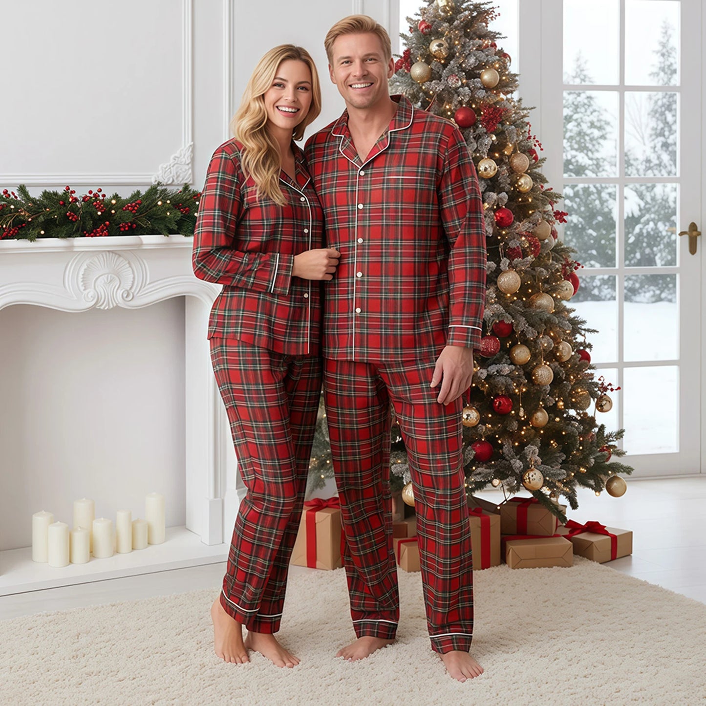 Family Christmas Pajamas Matching Plaid Tops and Elastic Waist Pants Baby Romper Loungewear