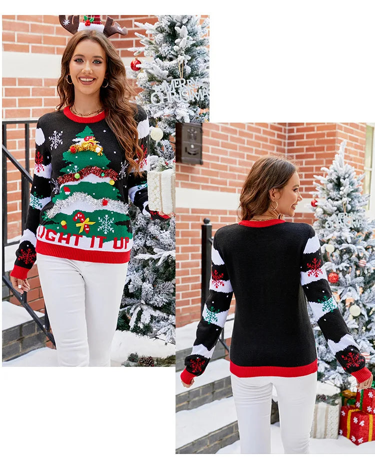 2025 Christmas Sweater Women Men, Xmas Tree Embroidery Knit Sweater, Casual Holiday Party Pullover, Funny Xmas Gift