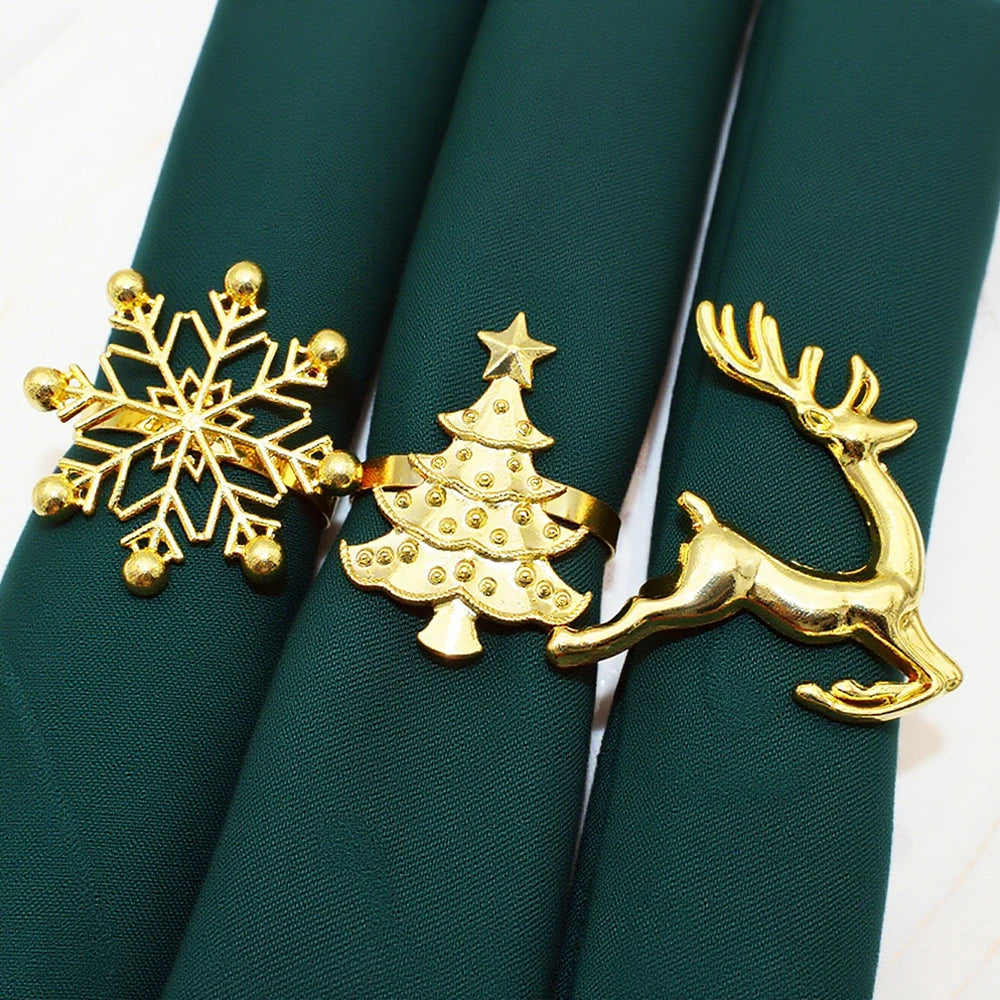 6Pcs Christmas Napkin Rings Gold Metal Snowflake Deer Serviette Buckle Xmas Tree Napkin Holder for Home Christmas Table Decor