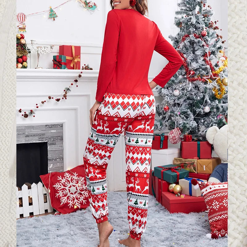 Pijamas Christmas Gift Sleepwear Spring Autumn Female 2PCS Pajamas Set Red Print Elk Long Sleeve Trouser Suits Loose Home Wear