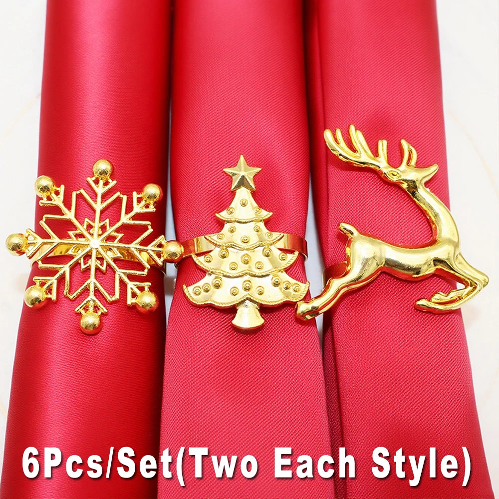 6Pcs Christmas Napkin Rings Gold Metal Snowflake Deer Serviette Buckle Xmas Tree Napkin Holder for Home Christmas Table Decor