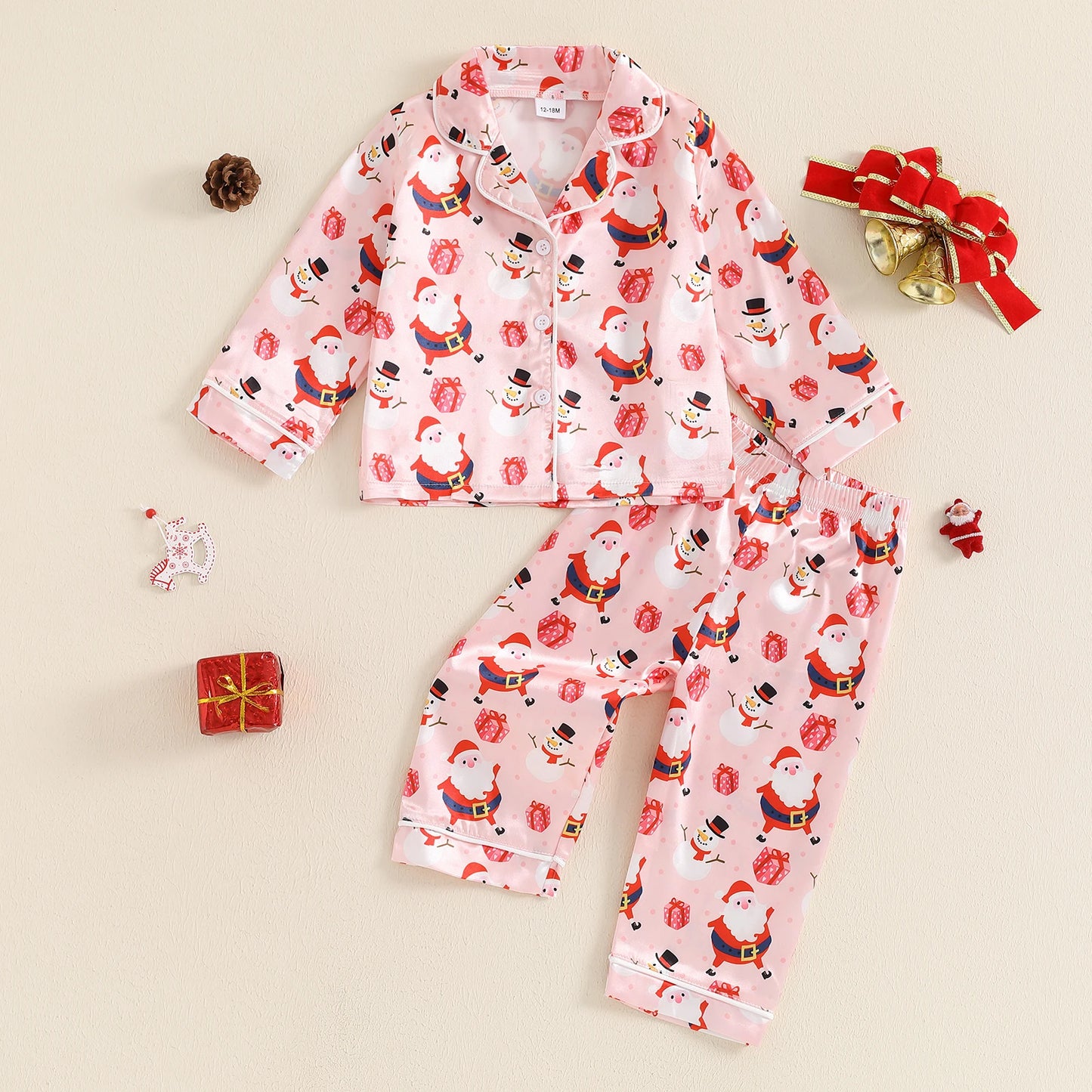 BeQeuewll Christmas Kids Girls Boys Pajamas Set Satin Santa Claus Button Children Sleepwear Long Sleeves Shirt Pants Loungewear