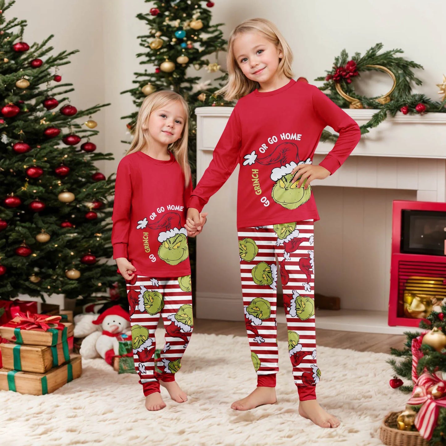 Christmas Print Cute Family Set Pajamas, Home Clothes, Family Set Long Sleeve Top Pants Set