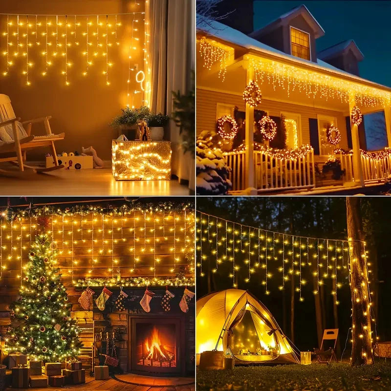NEW Solar Christmas Icicle Lights 162/96 LED 8 Modes Waterproof Curtain String Lights for Outdoor Garden Room Holiday Lighting