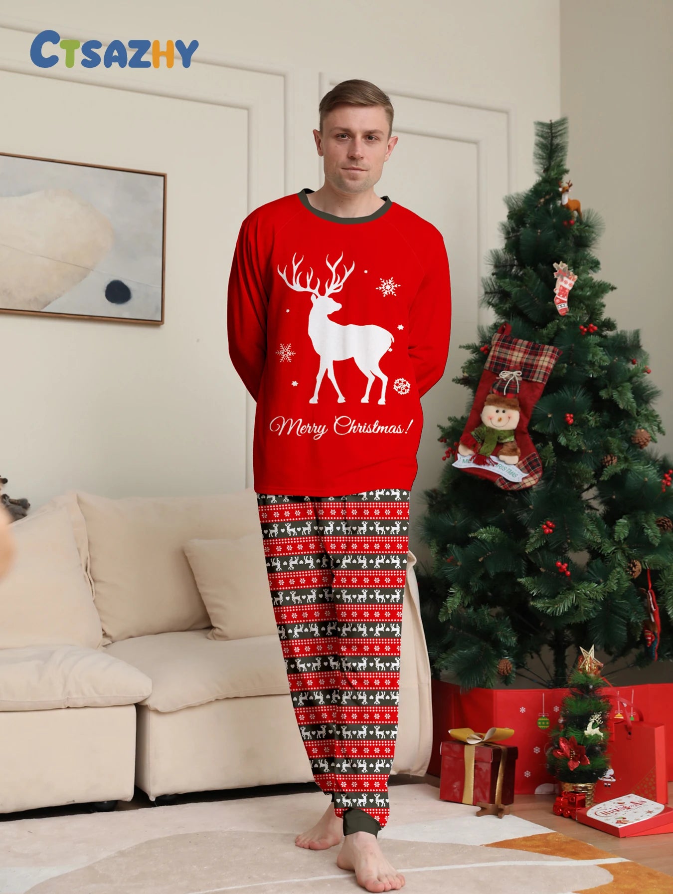 New Christmas Couple Pajamas Reindeer Merry Xmas Graphic Red Long Sleeve Set with Nordic Pattern Pants