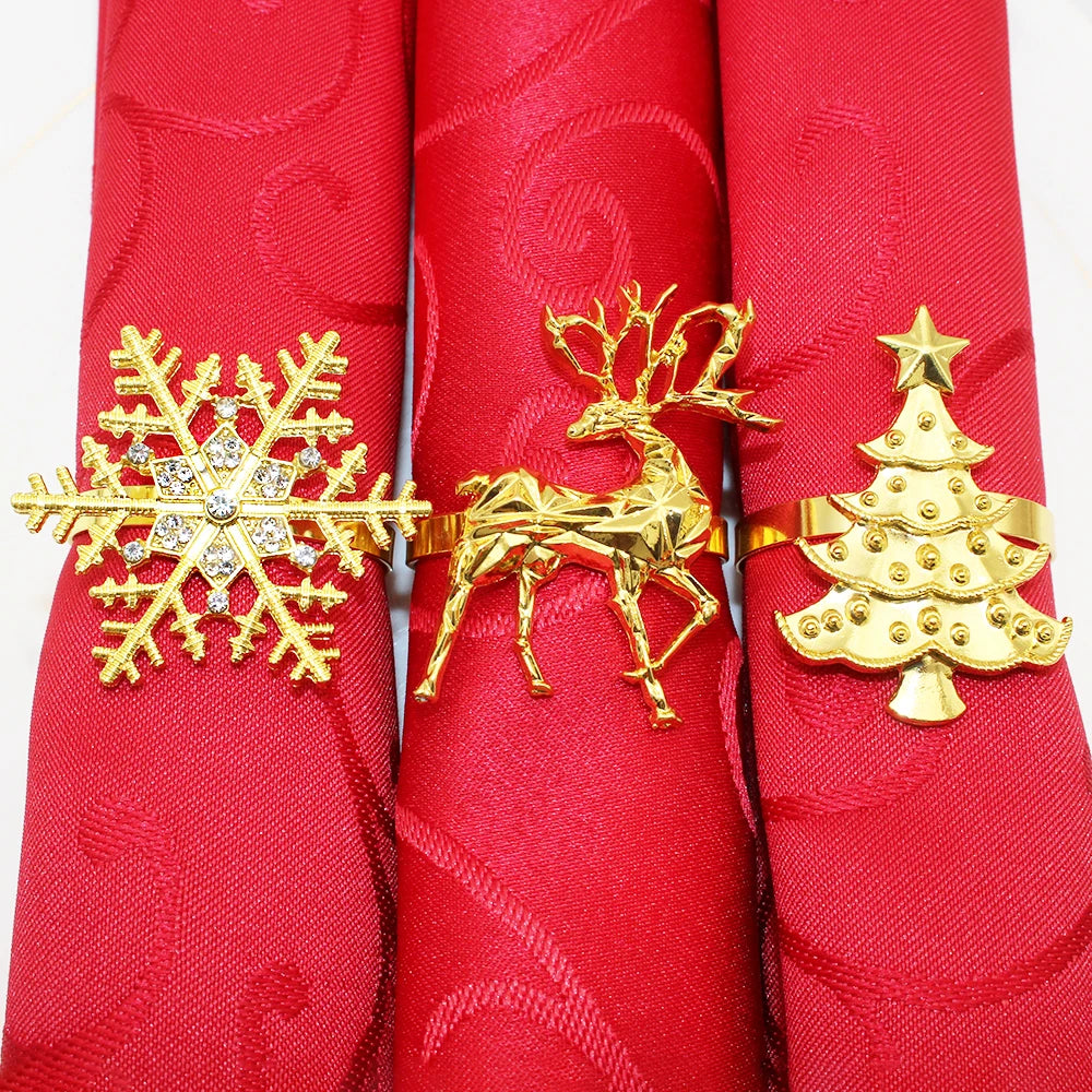 6Pcs Christmas Napkin Rings Gold Metal Snowflake Deer Serviette Buckle Xmas Tree Napkin Holder for Home Christmas Table Decor