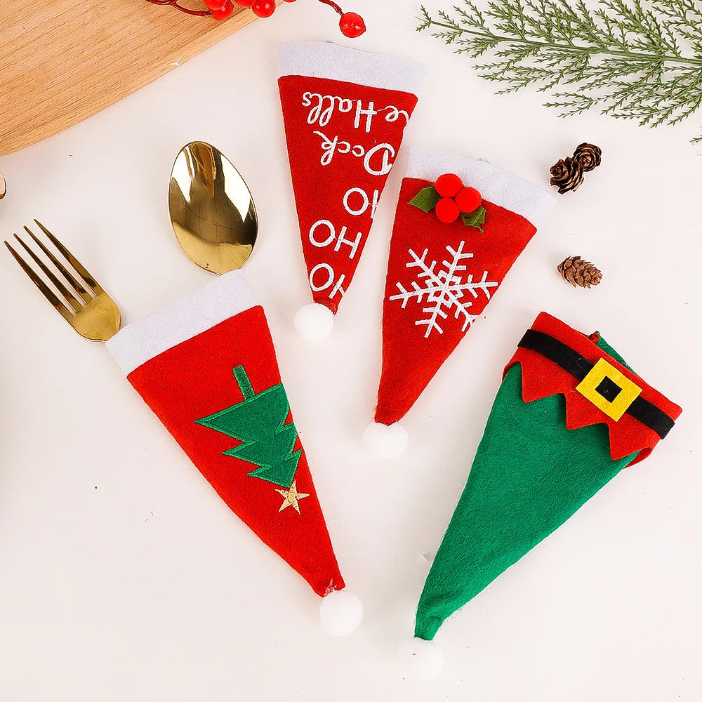 10/1Pcs Christmas Cutlery Holder Set Mini Santa Hat Fork Knife Tableware Holder Bag Christmas Navidad Party Dinner Table Decors