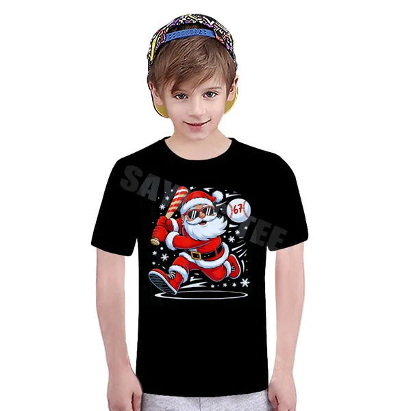 Funny Baseball Santa 67 Christmas Pajamas Boys T-Shirt Rock on Six Seven Bruh Santa Elf Number Xmas Costume Y2k Novelty Gifts
