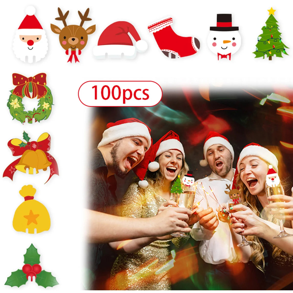 100pcs Wine Cup Card Christmas Decor Santa Hat elk  Xmas Tree Snowman Glass Cup Card table Home Decoration Christmas Accessories