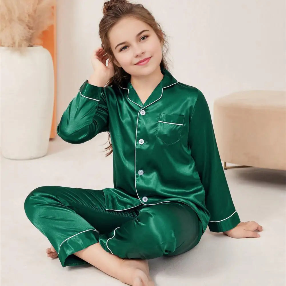 2 Pcs Christmas Pajamas Family Adults Kids Family Matching Outfits Look Solid Color Imitation Satin Silk Tops Pants Sleepwear