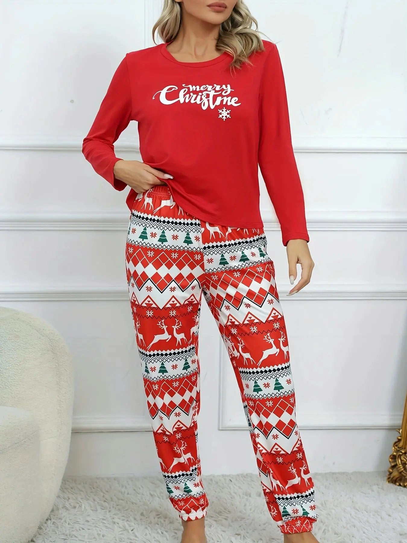 Pijamas Christmas Gift Sleepwear Spring Autumn Female 2PCS Pajamas Set Red Print Elk Long Sleeve Trouser Suits Loose Home Wear
