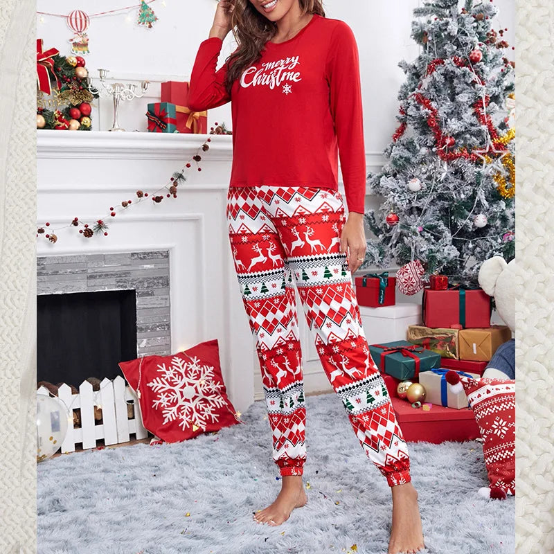 Pijamas Christmas Gift Sleepwear Spring Autumn Female 2PCS Pajamas Set Red Print Elk Long Sleeve Trouser Suits Loose Home Wear