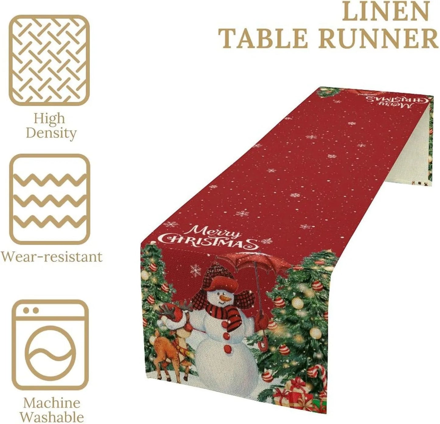 Festive Christmas table flag: Snowman, Reindeer & Decorated Trees New Year home party decoration