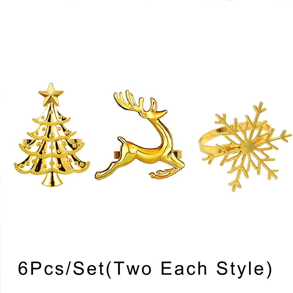 6Pcs Christmas Napkin Rings Gold Metal Snowflake Deer Serviette Buckle Xmas Tree Napkin Holder for Home Christmas Table Decor