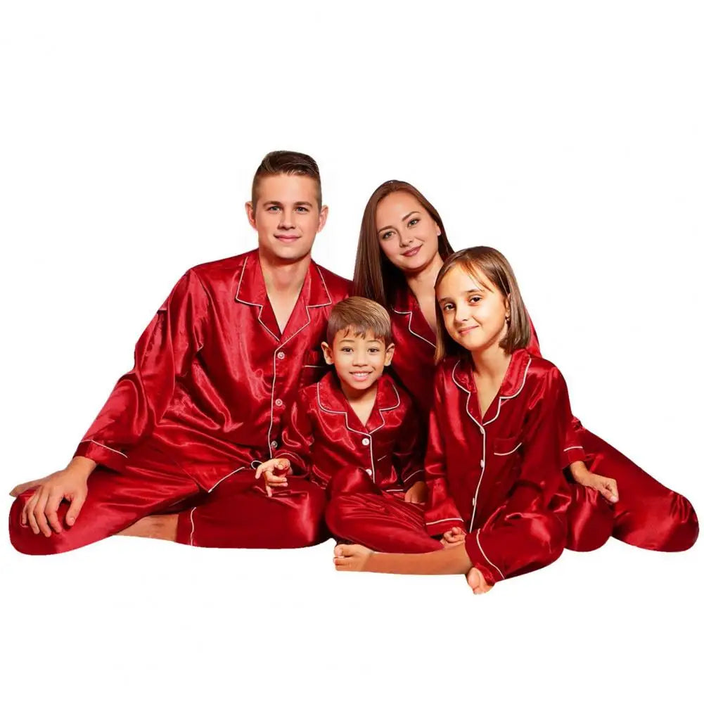 2 Pcs Christmas Pajamas Family Adults Kids Family Matching Outfits Look Solid Color Imitation Satin Silk Tops Pants Sleepwear