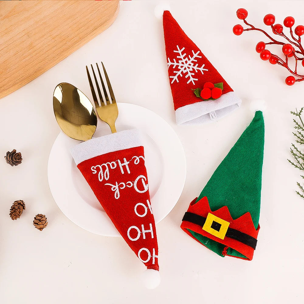 10/1Pcs Christmas Cutlery Holder Set Mini Santa Hat Fork Knife Tableware Holder Bag Christmas Navidad Party Dinner Table Decors