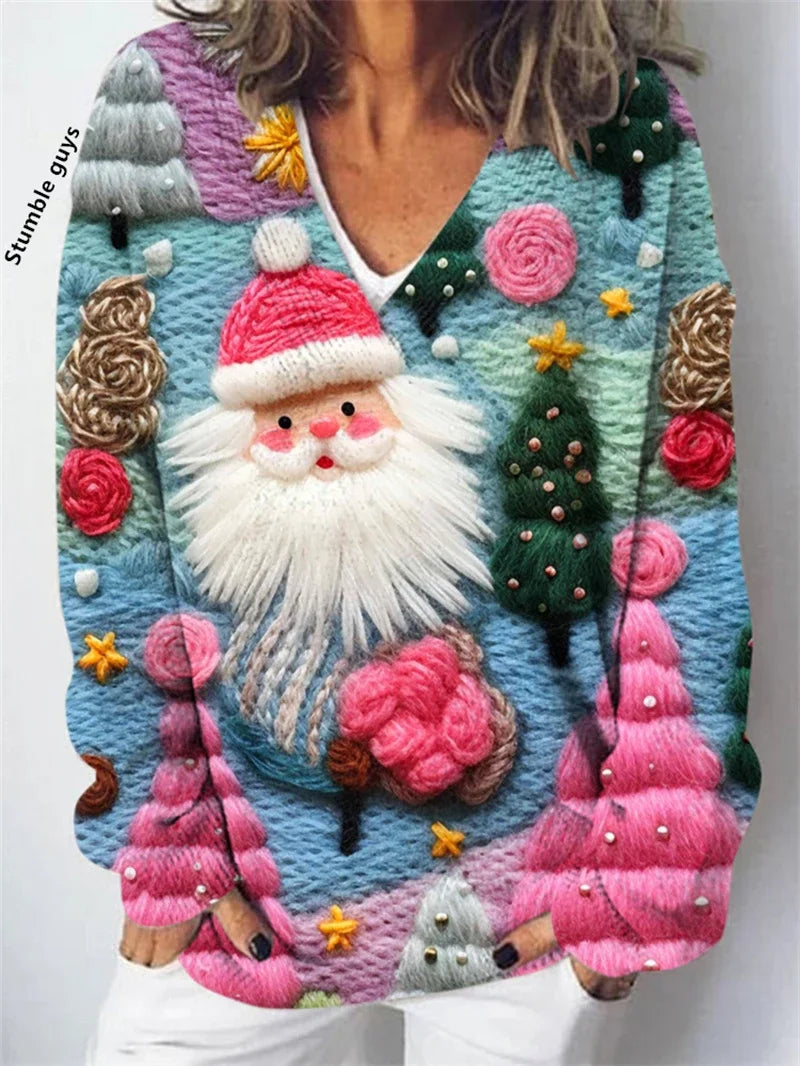 Women's Christmas Sweater Autumn Winter Casual Fashion European American Warm Deer Snowman Dog Print Y2K Knit Top