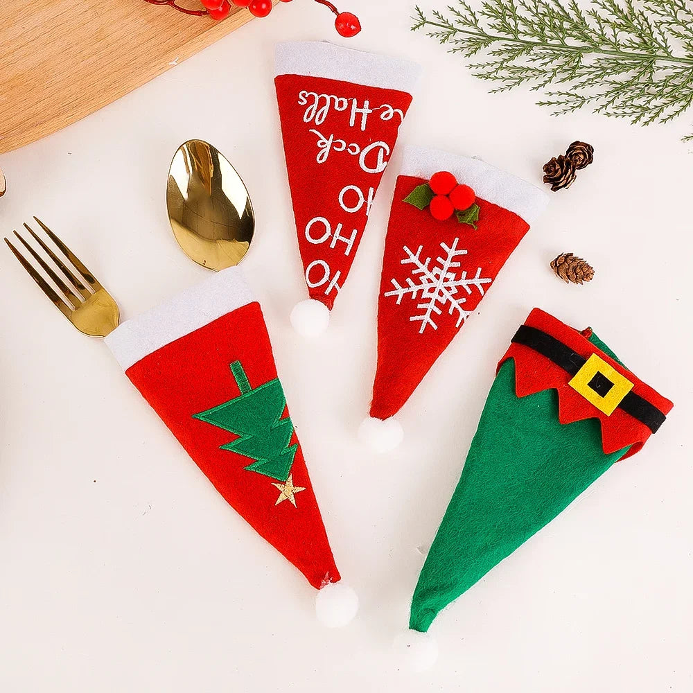 10/1Pcs Christmas Cutlery Holder Set Mini Santa Hat Fork Knife Tableware Holder Bag Christmas Navidad Party Dinner Table Decors